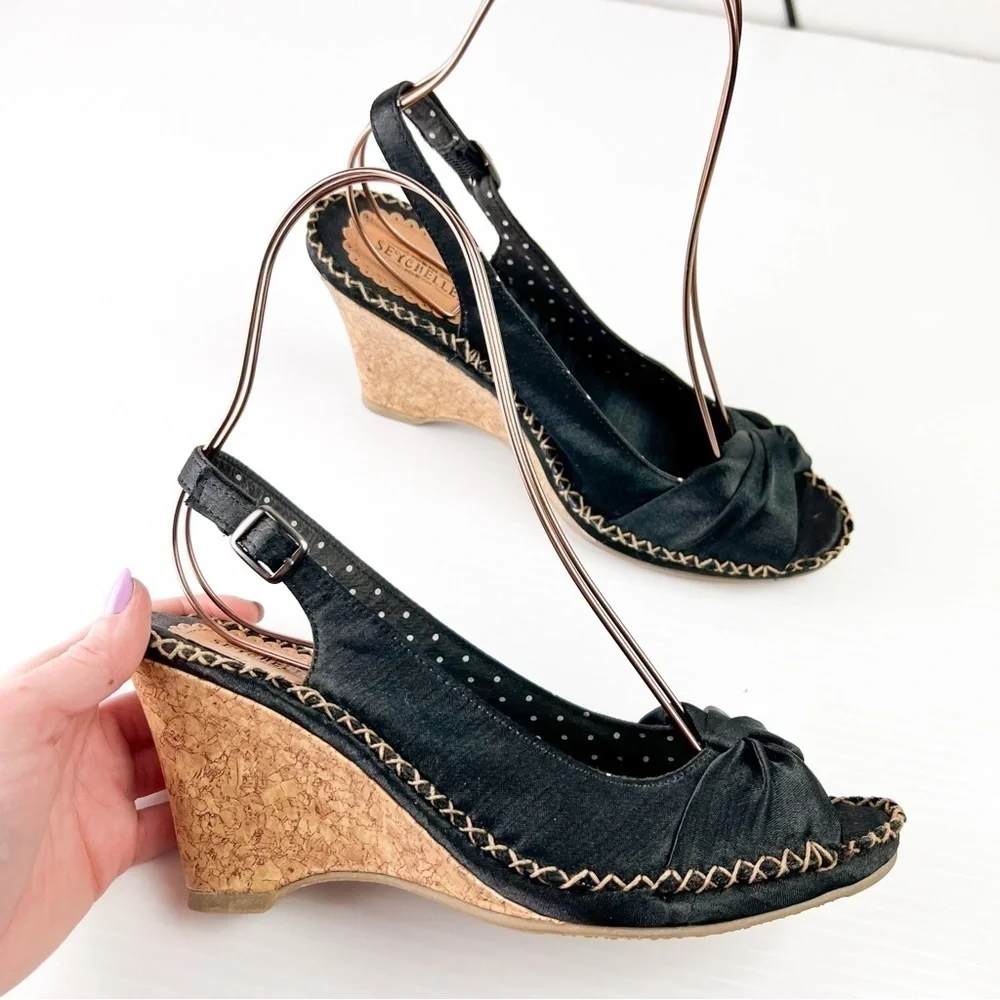 Seychelles SINGAPORE Sandals Womens 8 Cork Wedge Heel Slingback Peep Toe Black